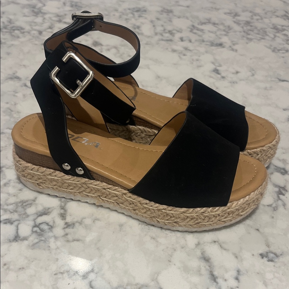 Soda Black and Tan Espadrille Sandals